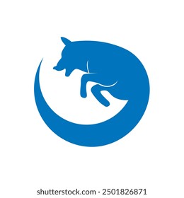 A logo featuring the silhouette of a happy and smiling dog joyfully chasing its own tail, designed in a circular shape.