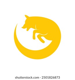 A logo featuring the silhouette of a happy and smiling dog joyfully chasing its own tail, designed in a circular shape.