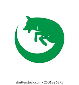 A logo featuring the silhouette of a happy and smiling dog joyfully chasing its own tail, designed in a circular shape.