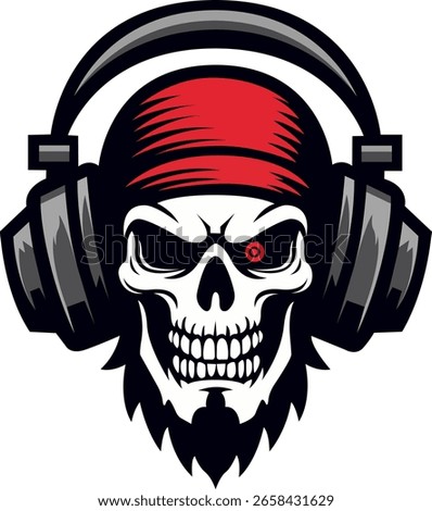 Logo featuring a skull with headphones and a red headband. Uses black, white, and red colors.