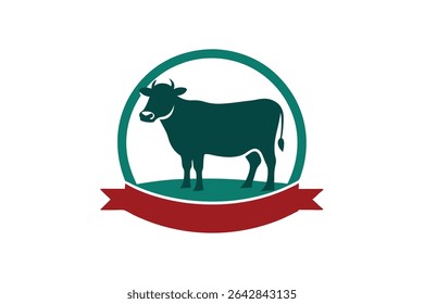A logo featuring a standing cow with a ribbon around its neck, all enclosed within a circular frame.