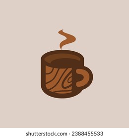 Logo con una taza de café marrón humeante con un grano de madera para representar a la naturaleza.