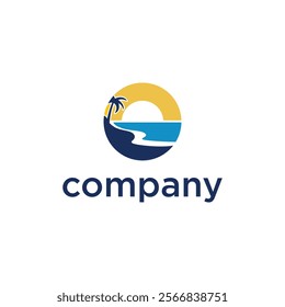 A logo featuring a stylized circular design with a beach scene, including a palm tree, a path leading to the water, and a setting or rising sun, with the word 'company' written below it