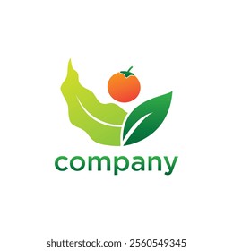 A logo featuring a stylized orange fruit above two green leaves