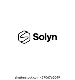 Logo con una 'S' estilizada dentro de un hexágono, acompañada de la palabra 'Solyn' en una fuente limpia y moderna, que transmite tecnología e innovación.