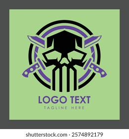 A logo featuring a stylized skull with a geometric design, flanked by two knives