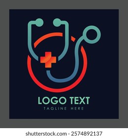 A logo featuring a stylized stethoscope in blue and red colors, with a red cross symbol integrated into the design