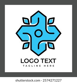 A logo featuring a symmetrical design with a central circular element surrounded by a cross shape