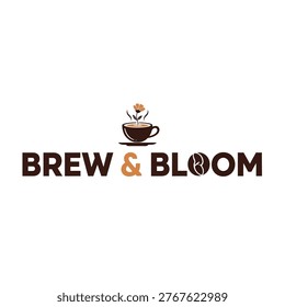 A logo featuring the text Brew and Bloom with a coffee cup and flower graphic
