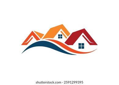 A logo featuring three stylized houses in orange, red, and blue, with a flowing wave beneath them, creating a dynamic and modern look