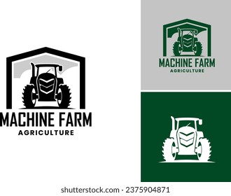 Un logo con un tractor con las palabras "máquina de tractores agrícolas". Adecuado para empresas agrícolas, fabricantes de equipos agrícolas y empresas de suministro agrícola.