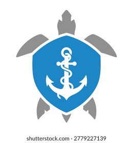 Logo featuring a turtle with a blue shield and anchor symbol, representing protection and stability in a marine setting for various business or organization uses.