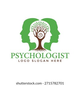 Um logótipo com duas silhuetas verdes da cabeça humana formando uma forma de coração com uma árvore no centro, representando a psicologia e o bem-estar mental. O design combina a natureza e os elementos humanos para transmitir uma sensação de crescimento e harmonia.