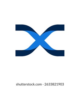 logotipo com duas formas sobrepostas e curvas em azul escuro e um azul claro, formando um "X" estilizado ou um símbolo de infinito. Sugere conexão, fluxo