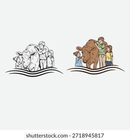 Logo que presenta dos escenas, una con una familia y una vaca, la otra con una familia y un toro, en una simple línea ondulada con texto