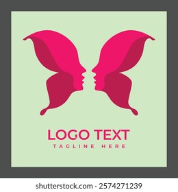 A logo featuring two stylized faces in profile, formed by pink butterfly wings