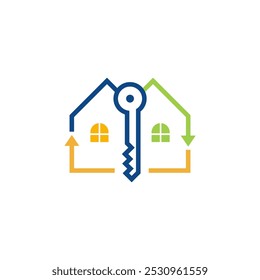 A logo featuring two stylized houses with a key in the center, connected by arrows pointing in opposite directions.