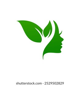 A logo featuring a woman's face profile with two leaves framing her head. The logo is green, symbolizing nature and freshness.