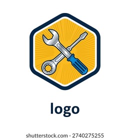 A logo featuring a wrench and screwdriver crossed over a yellow hexagon. Vector