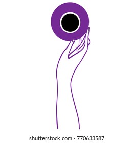 Logo with female hand with coffee cup and plate for design, posters, prints, manufacturing, banners, covers, clothes. Teatime, pastime, relax. Freehand graphic illustration.