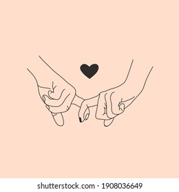 Logo of female hands and male hands in minimalistic linear style with hearts. The vector template is perfect for social networks, postcards, stickers, beauty, tattoo, manicure