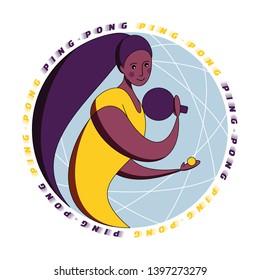 Logo for female rocket sport. The girl plays table tennis. Women ping pong team. African american sportswoman in modern flat design.