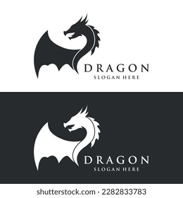 Logo fire dragon head and wings isolated background.