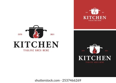 Logo von Feuer mit Hot-Pot-Symbol Lebensmittel-Design Vektorgrafik