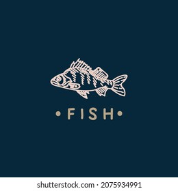 Logo con Pescado. Hermosa ilustración lineal del marisco. Pescado para la carta del restaurante. Ilustración del vector