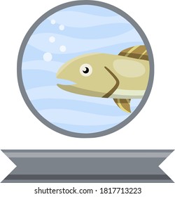 Logo de los peces en círculo. Agua azul con burbujas. Cinta de texto. Dibujo plano. Elemento de restaurante de pesca y pescado. Subacuático marino gris