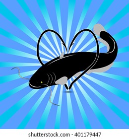 Logo with fish and hooks on the abstract striped background