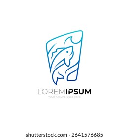 logo of fish jumping in sea water, line style design, fish and wave