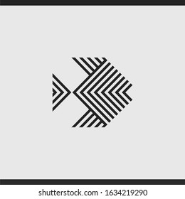 Logo Fish With Lines Similar To Patterns. Vector Emblem Sober. Simple Icon Gray.