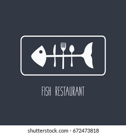 logo fish menu restaurant sign with spoon, fork & knife vector cartoon like bones isolated with outline frame & text. concept creative sea food icon symbol flat design style on a dark blue background