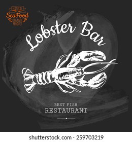 Logo for fish restaurant or bar with a picture of the lobster. Simple drawn sketch in vector format on a blackboard