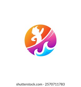 logo of a fisherman standing on a boat and sea waves