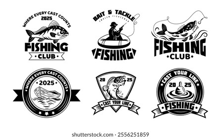 Logo fishing graphic. Icon fish business design. Food water label. Sea retro template. Emblem fisherman. Badge drawing salmon. Man in boat. Vintage style. Vector black silhouette tidy isolated sign