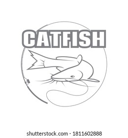 a logo with a fishing hook illustration with catfish as the fishing rod object.