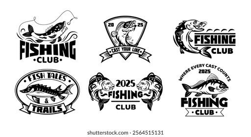 Logo fishing. Icon water business design. Animal sea stamp, fish black sticker. Graphic silhouette, ocean sign, badge tattoo, underwater symbol, fisherman emblem or label. Vector tidy illustration