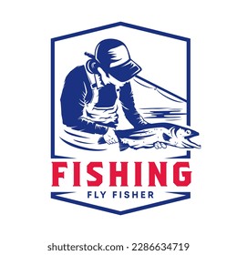 A logo with a fishing theme showing an illustration of an angler carrying a fish