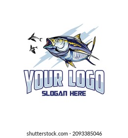 Logo fishing tuna fish jump in the wave water Premium Vector