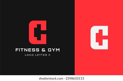 Logo Fitness letter C with Gym equipment concept. Dumbble, bumble, kettlebell concept. Fitness, health, body builder logo design template.