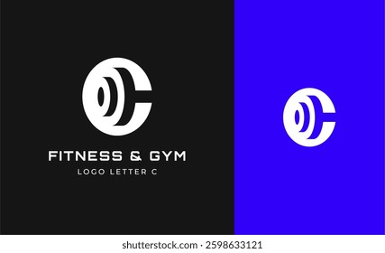 Logo Fitness letter C with Gym equipment concept. Dumbble, bumble, kettlebell concept. Fitness, health, body builder logo design template.