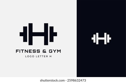 Logo Fitness letter H with Gym equipment concept. Dumbble, bumble, kettlebell concept. Fitness, health, body builder logo design template.