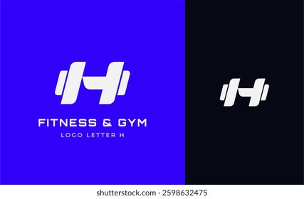 Logo Fitness letter H with Gym equipment concept. Dumbble, bumble, kettlebell concept. Fitness, health, body builder logo design template.