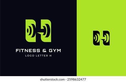 Logo Fitness letter H with Gym equipment concept. Dumbble, bumble, kettlebell concept. Fitness, health, body builder logo design template.