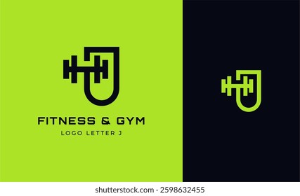 Logo Fitness letter J with Gym equipment concept. Dumbble, bumble, kettlebell concept. Fitness, health, body builder logo design template.