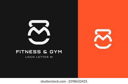 Logo Fitness letter M with Gym equipment concept. Dumbble, bumble, kettlebell concept. Fitness, health, body builder logo design template.