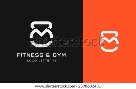 Logo Fitness letter M with Gym equipment concept. Dumbble, bumble, kettlebell concept. Fitness, health, body builder logo design template.