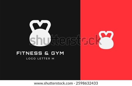 Logo Fitness letter M with Gym equipment concept. Dumbble, bumble, kettlebell concept. Fitness, health, body builder logo design template.